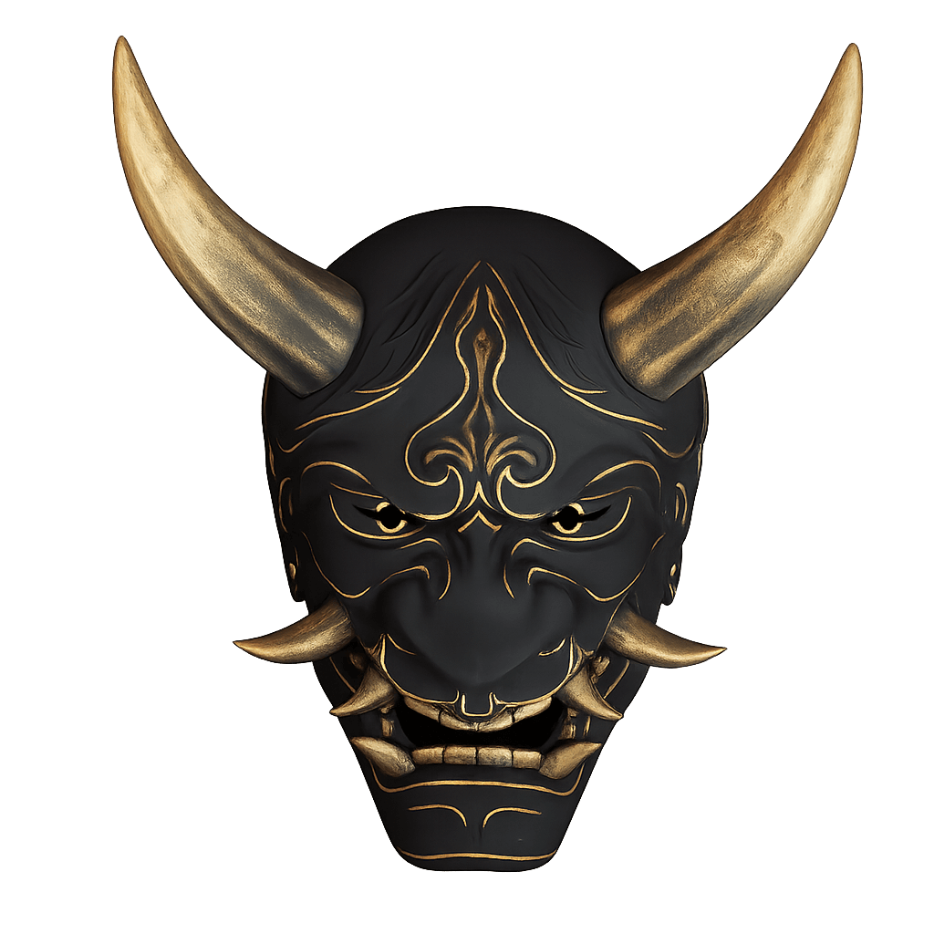 Máscara Hannya impresa en 3D, negra con cuernos y relieves dorados