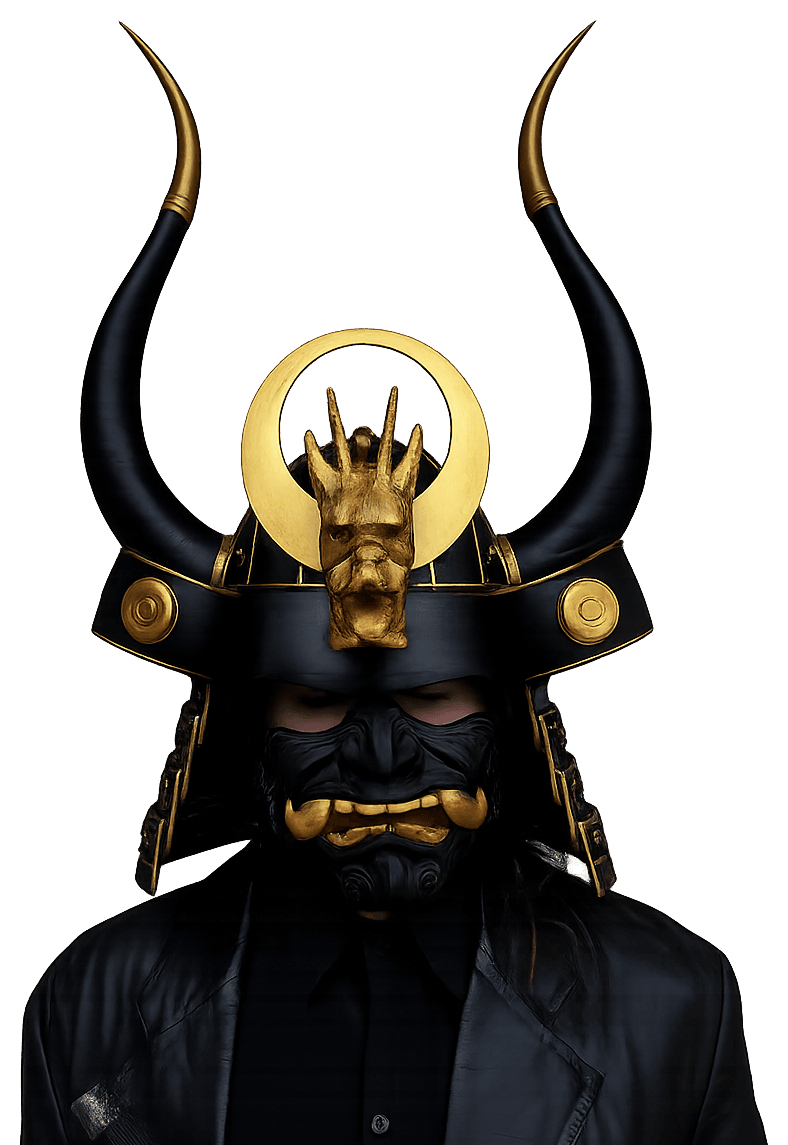 Set samurái completo: kabuto negro con cuernos y maedate dorados sobre mempo de colmillos de oro