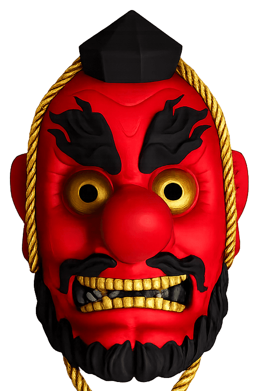 Máscara Tengu impresa en 3D, roja con barba negra y cordón dorado